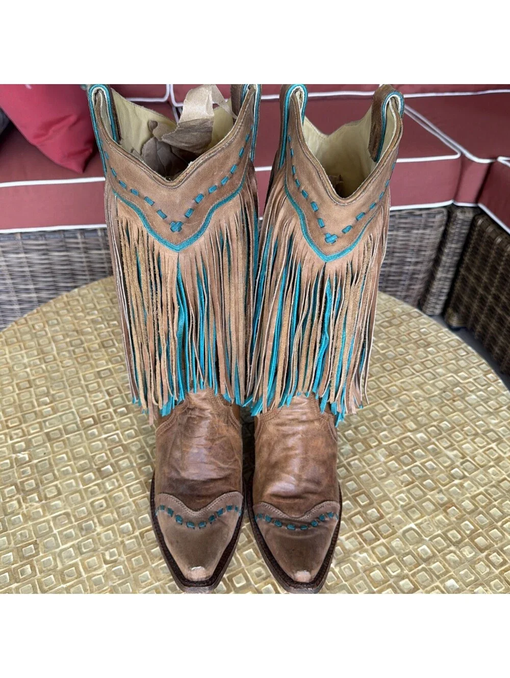 Corral Vintage Fringe Leather Tan & Turquoise Women’s Size 10M Cowboy Boots